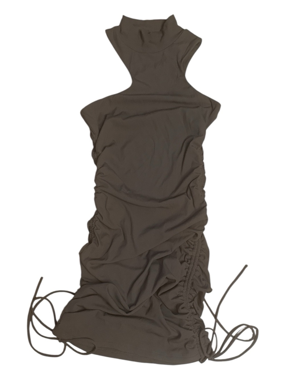Alamour Taupe Brown Sleeveless High Neck Ruched Tie Mini Dress Size 8 - Picture 2 of 4
